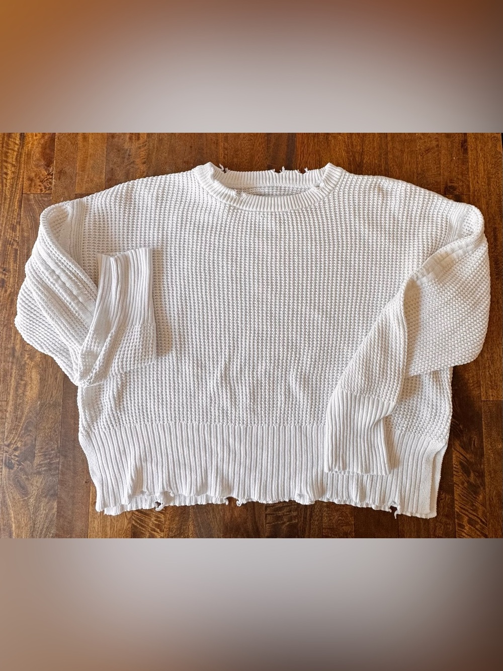 pistola Cream Distressed 100% Cotton Waffle-Knit Crew Sweater L Coastal